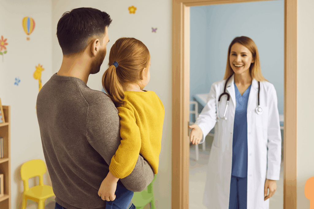 Kinderarzt bittet Vater und Kind in den Behandlungsraum